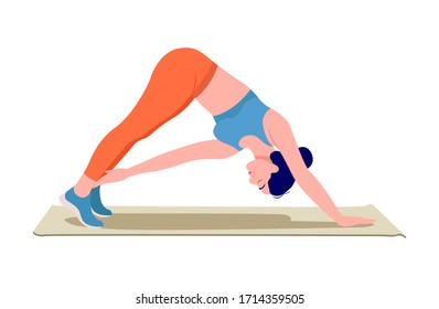 Chica haciendo ejercicio en la parte superior de una alfombra de yoga, gimnasia de entrenamiento para mujeres, aeróbic y ejercicios. Ilustración vectorial.