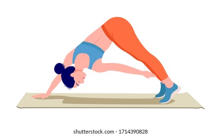 Girl doing exercise on top of a yoga mat, Woman workout fitness, aerobic and exercises. Vector Illustration.