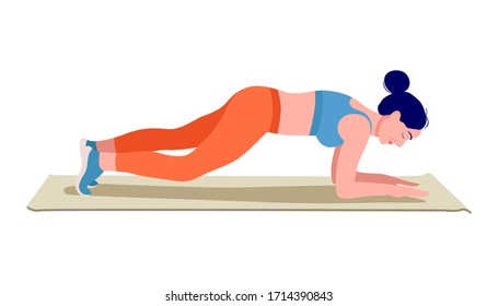 Girl doing exercise on top of a yoga mat, Woman workout fitness, aerobic and exercises. Vector Illustration.