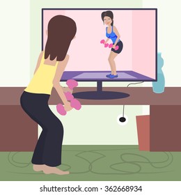 girl doing exercise opposite computer trainer