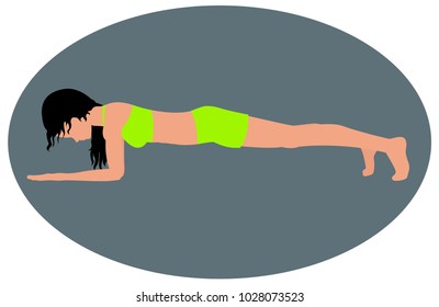 Girl doing an exercise plank on gray background
