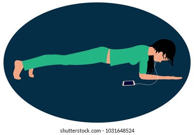 Girl doing an exercise plank on dark blue background