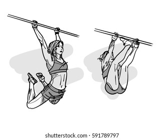 the girl doing exercises on the horizontal bar