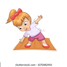 Girl doing exercises on mat and stretching girl and active lifestyle full of exercises, childhood and good habit vector illustration isolated on white