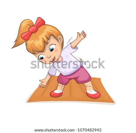Girl doing exercises on mat and stretching girl and active lifestyle full of exercises, childhood and good habit vector illustration isolated on white
