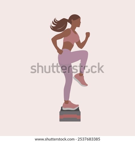 girl doing exercises on the stepping platform in a sports uniform (leggings and a sports bra) is engaged in fitness, sports, woman stepping, aerobic. workout