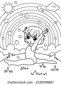 The girl is doing exercises in the park. Coloring book with a girl gymnast. Sport. Black and white vector illustration.