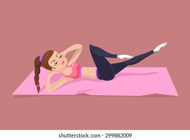 Girl doing exercises for press. Vector flat illustration