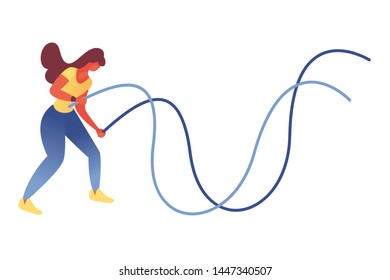 Girl doing exercises with rope climbing kit, isolated on white. Modern sport character, good for garage home gym and training programs 