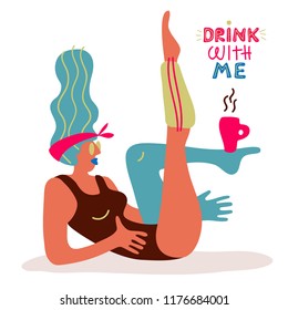 Girl doing exercises. Vector illustration.   Isolated.