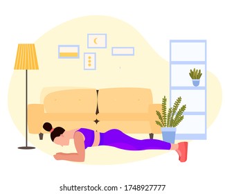 Girl doing exercises. Woman side plank in home. Fitness and health concepts. Cartoon style. Vector stock flat illustration.