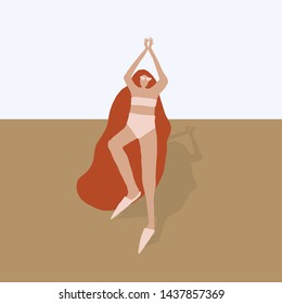 Girl doing exercises or yoga on the beach. Flat female cartoon characters. Woman in summer clothes. 