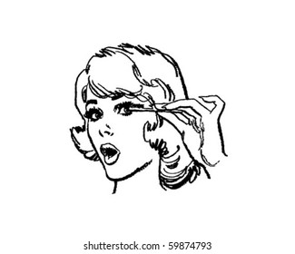 Girl Doing Eyelashes - Retro Clip Art