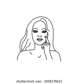 A girl doing a facial massage or applying a cream.Line girl abstract minimalist silhouette.Body Care for spa salon, eco cosmetics vector icons in sketch style. 