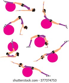 Girl doing fit ball workout. Set of the swiss ball exercises. Vector illustration