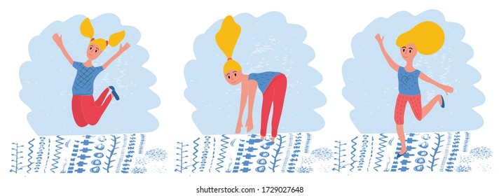 Girl doing fitness activity at home.  Leisure indoor activity during period of coronavirus quarantine, self isolation and social distancing illustration. Vector illustration in a flat style