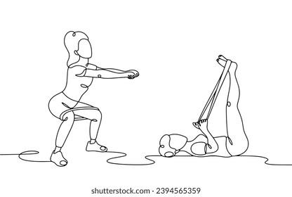 The girl is doing fitness with elastic bands. International Women's Sports Day. Vector illustration. Images produced without the use of any form of AI software at any stage. 