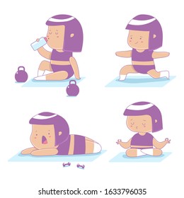 Girl doing fitness exercise vector cartoon characters set isolated on a white background.