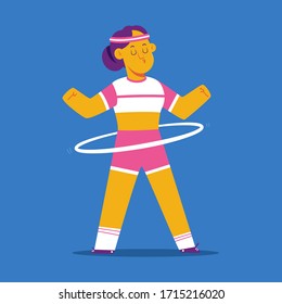 Girl doing fitness exercises with hula hoop vector cartoon character isolated on background.