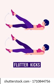 Girl doing Flutter Kicks exercise, Woman workout fitness, aerobic and exercises. Vector Illustration.