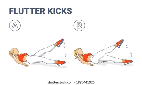 Girl Doing Flutter Kicks Exercise Fitness Home Workout Guidance Illustration. Lying Scissors Sports Exercise for Woman Lower Abs and Core Training. Vector concept.