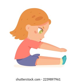 Girl doing forward bend in yoga or pilates sitting position, sport exercise in gym vector illustration. Cartoon isolated seated kid training body, healthy workout of sporty child stretching on floor