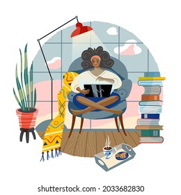 Girl doing freelance work at home. Young woman working with laptop in armchair online vector illustration. Modern lifestyle scene, remote business workplace with comfort, food and books.