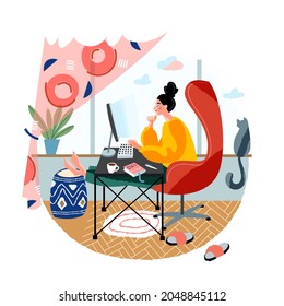 Girl doing freelance work at home. Young woman working with computer on desk online vector illustration. Modern lifestyle scene, remote business workplace with cat at house.