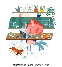 Girl doing freelance work on kitchen. Young woman working with computer on desk online vector illustration. Modern lifestyle scene, remote business workplace with dog at house.