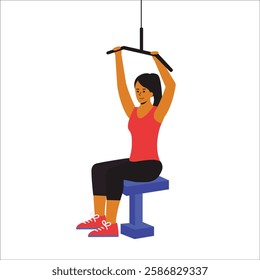 girl doing Front Pull Up, showcasing controlled movement and upper body strength. The animation highlights her gripping the pull-up bar with proper form, pulling herself up while engaging the back