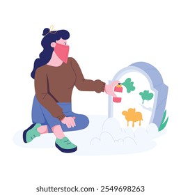 Girl doing grave spray, flat character illustration 