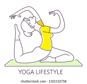 Girl is doing a gymnastic exercise on a mat. Vector illustration of a beautiful fitness girl on white background. Hand drawn line art style girl for web, site, card, t-shirt, print