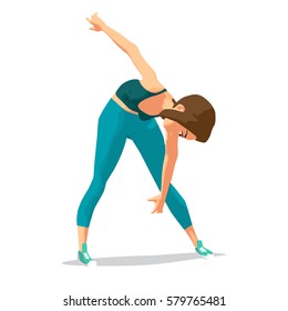 Girl doing gymnastic exercises. Woman in sportswear leans to the floor. Flat cartoon isolated vector illustration
