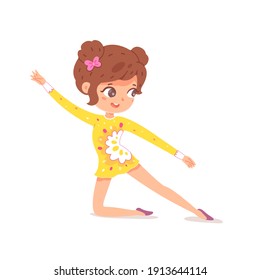 Girl doing gymnastics. Happy kid gymnast during healthy exercise vector illustration. Child athlete posing and smiling in athletics competition isolated on white background.