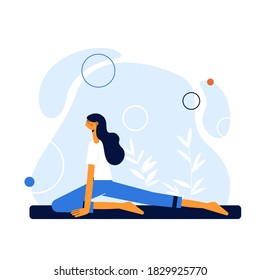 Girl doing gymnastics at home. Modern vector sport illustration.