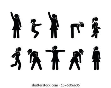 girl doing gymnastics, stick figure man icons, people pictogram isolated symbols