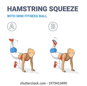Girl Doing Hamstring Squeeze with Fitness Mini Ball Home Workout Exercise Guidance Illustration. Female Kneeling Hamstring Lift with Barre Ball Sports strengthen glutes and hamstrings Routine.