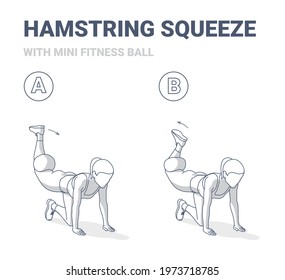 Girl Doing Hamstring Squeeze With Fitness Mini Ball Home Workout Exercise Guidance Illustration. Female Kneeling Hamstring Lift With Barre Ball Sports Strengthen Glutes And Hamstrings Routine.