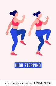 Girl doing High stepping exercise, Woman workout fitness, aerobic and exercises. Vector Illustration.