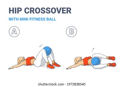 Girl Doing Hip Roll Exercise with Fitness Mini Ball Guidance Illustration. Knee Roll or Lower Body Russian Twist with Barre Ball Colorful Concept of Female Doing Hip Crossover with Medicine Ball.