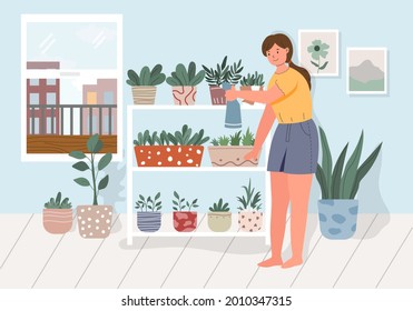 Girl doing hobby along the quarantine, watering indoor plants in her apartment. used for website image, social media illustration