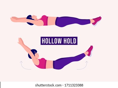 Girl doing Hollow Hold exercise, Woman workout fitness, aerobic and exercises. Vector Illustration.