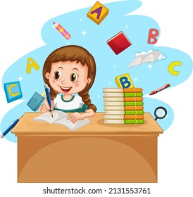 A girl doing homework with books on white background illustration