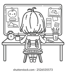 Girl doing homework at the desk. - Coloring page for children. Hand drawing vector illustration in black outline on a white background.