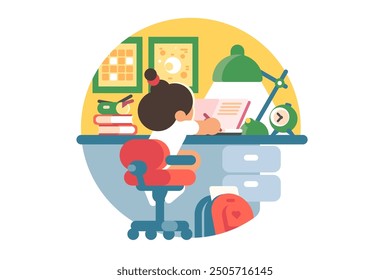 Girl Doing Homework at Desk. Vector illustration of young girl working on her homework at a desk, surrounded by study materials.