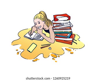 Girl doing homework flat hand drawn color illustration. Studying young woman cartoon character. Schoolgirl, teenager. Sketch student preparing to pass exam outline clipart. Isolated vector drawing