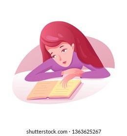 Girl doing homework flat illustrations. Woman reading book isolated clipart. Female student, teenager preparing for exams design element. Beautiful lady vector cartoon character studying