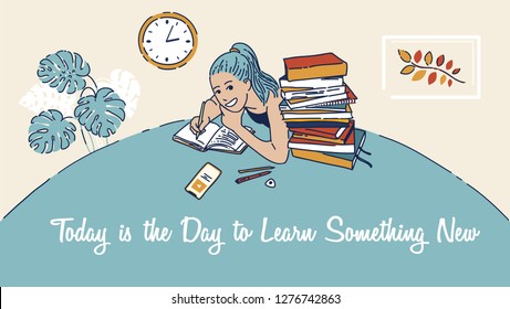 Girl doing homework hand drawn flat color illustration. Motivational handwritten lettering. Schoolgirl writing in notebook cartoon character. Learning student sketch clipart. Outline vector drawing