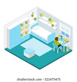 Girl doing homework in her private room isometric template with blue white furniture and carpet vector illustration