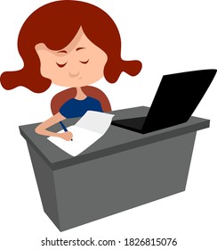 Girl doing homework, illustration, vector on white background